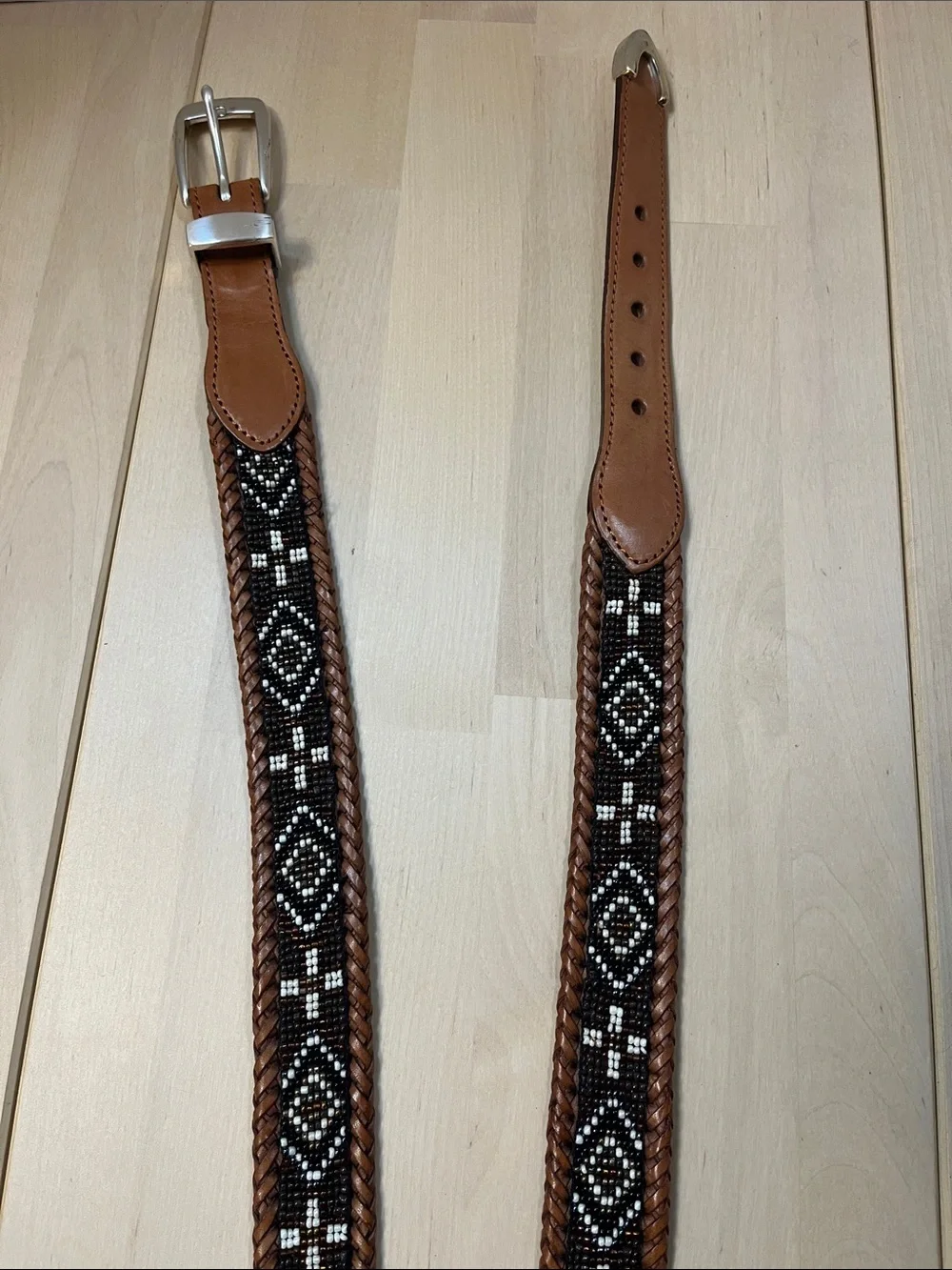 Brown Leather & Decorative Beaded Belt w/ Silver Hardware Men’s Size 38